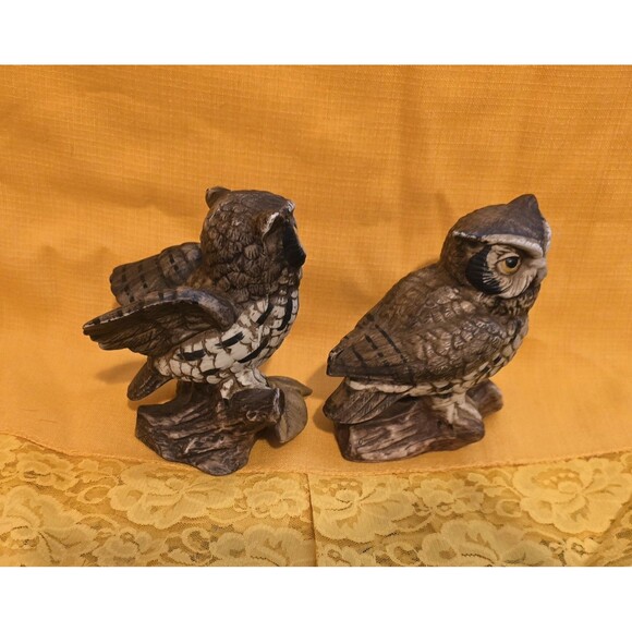 2 Vintage Great Horned Owl Bisque Figurines MCM Homco on Branch #1114 & Owl Book - Picture 4 of 6